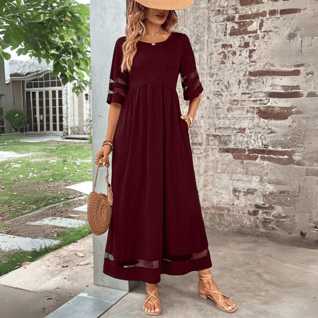 CD | Rochie maxi pentru femei - Croială fluidă - Talie Empire - Dantelă pe mâneci - Lungime până la gleznă