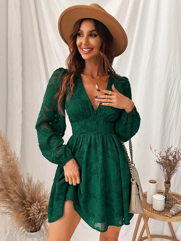 CD | 2024 Rochie mini boho sexy, verde, cu mânecă lungă, decoltată, în stil A-line