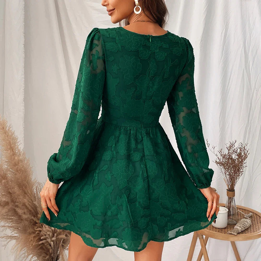 CD | 2024 Rochie mini boho sexy, verde, cu mânecă lungă, decoltată, în stil A-line