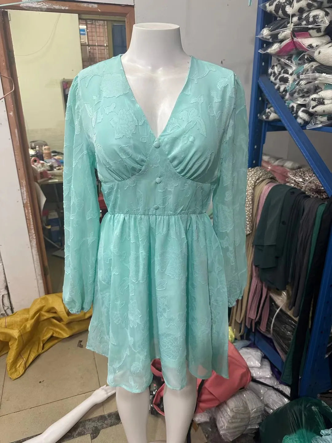 CD | 2024 Rochie mini boho sexy, verde, cu mânecă lungă, decoltată, în stil A-line