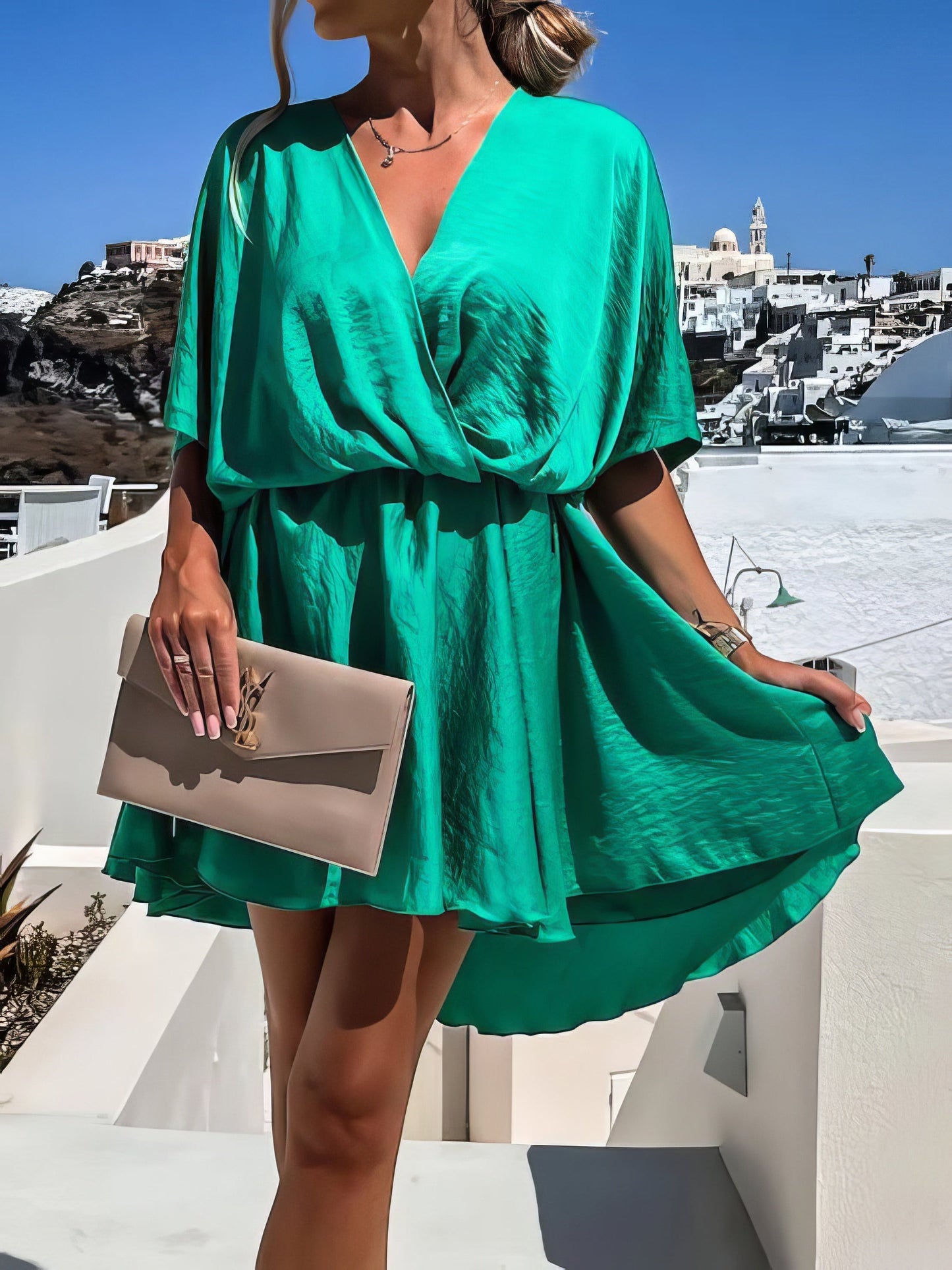 CD | Rochie mini cu mânecă scurtă, cu decolteu în V, lejeră