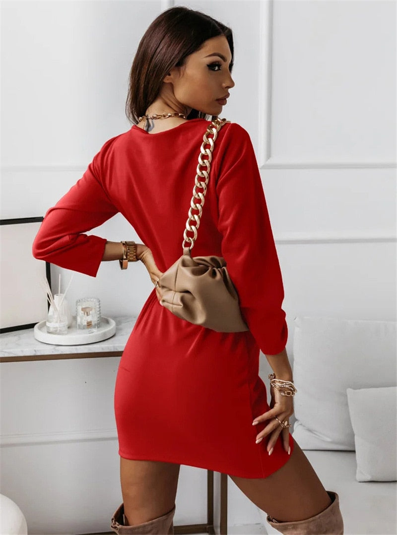 CD | Rochii de culoare solidă Rochie mini slim cu mânecă lungă și decolteu în V