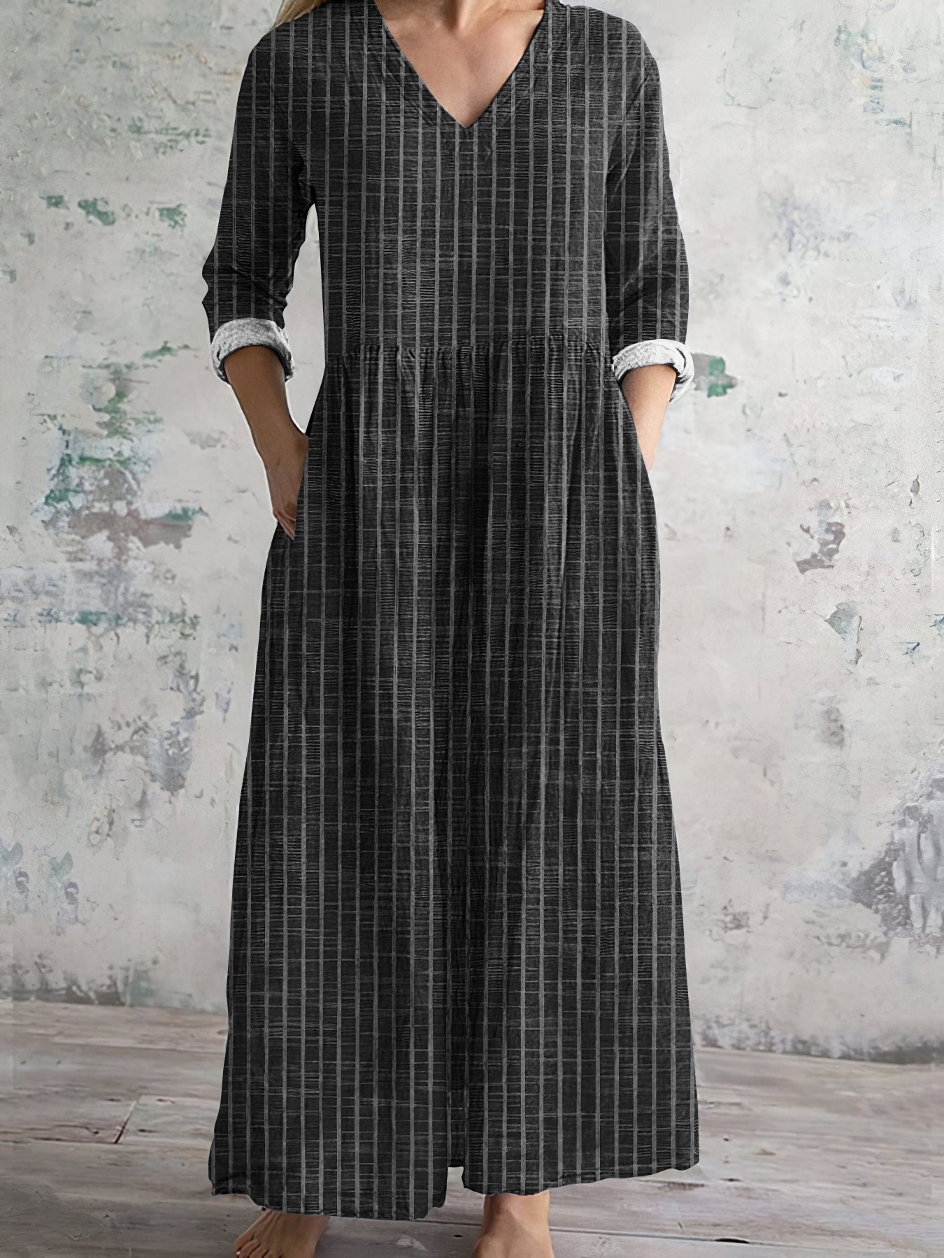 CD | Rochie maxi pentru femei - Fibre naturale - Ținută relaxată - Decolteu în V - Mâneci lungi - Cu dungi