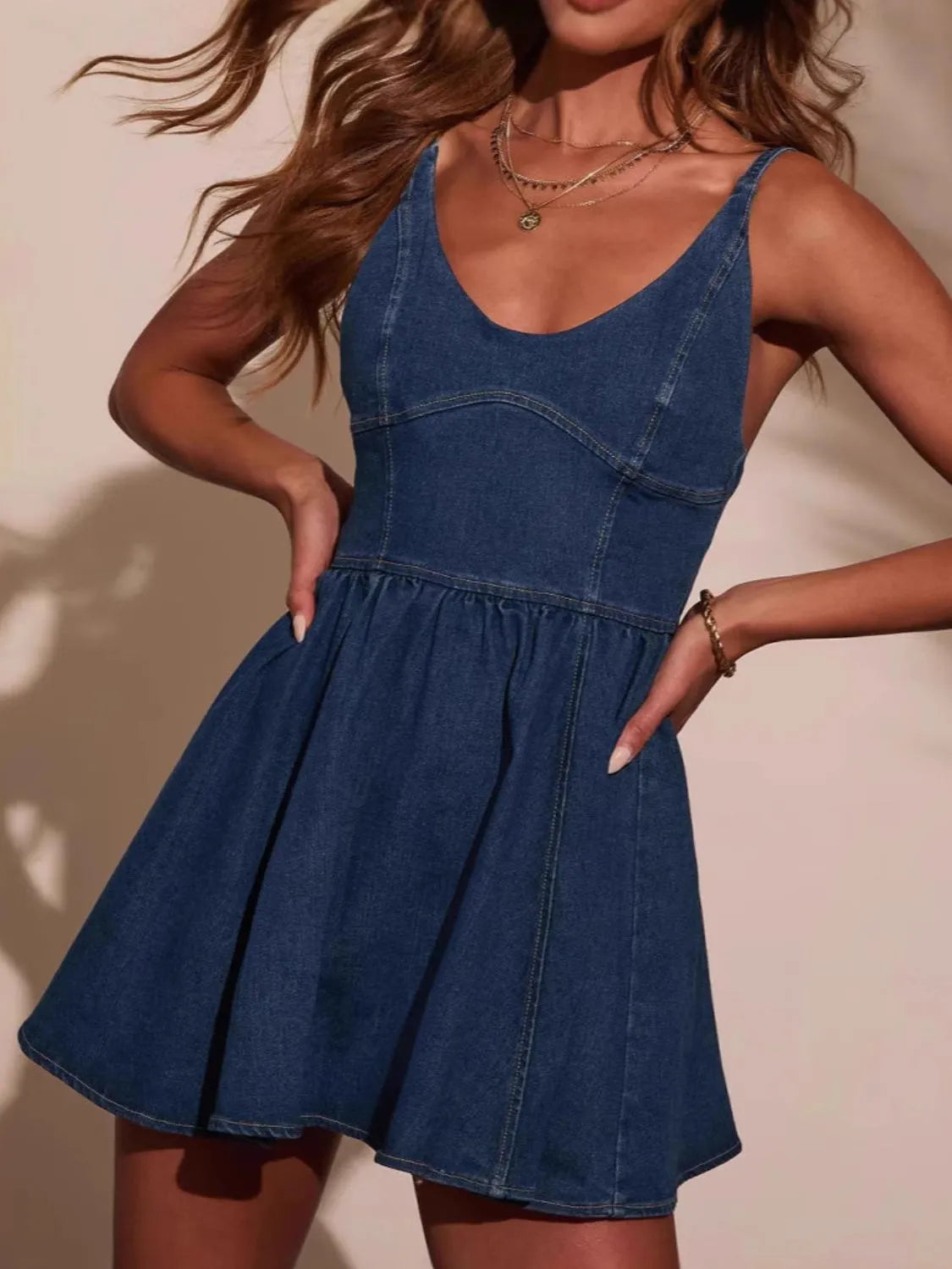 CD | Smocked spate curea reglabilă Denim rochie mini