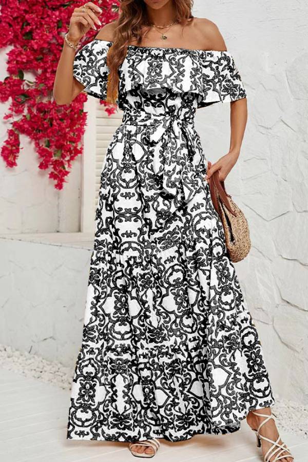 CD | Rochie maxi cu mâneci scurte, fără umeri, cu model cu volane
