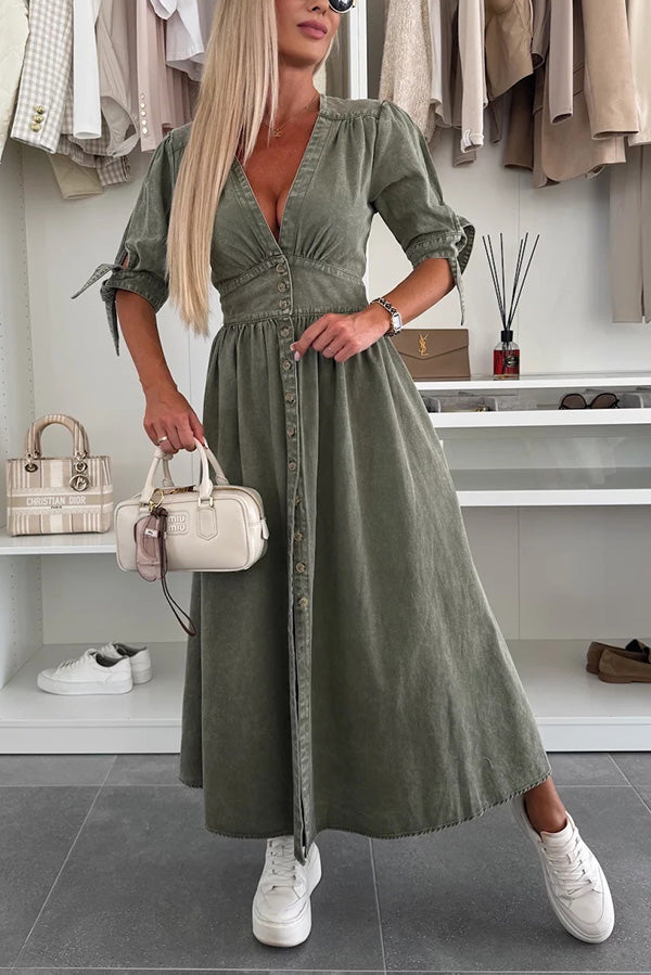 CD | Rochie midi din denim, culoare solidă, cu decolteu în V și buton jos