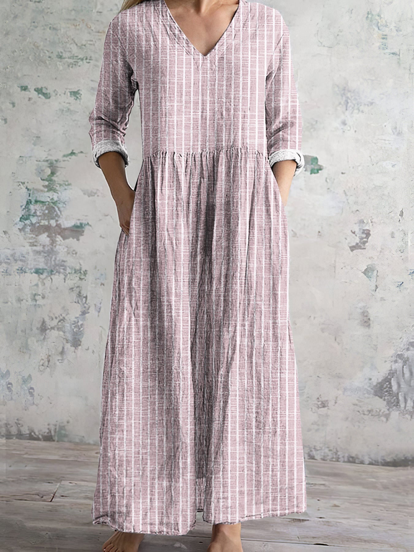 CD | Rochie maxi pentru femei - Fibre naturale - Ținută relaxată - Decolteu în V - Mâneci lungi - Cu dungi