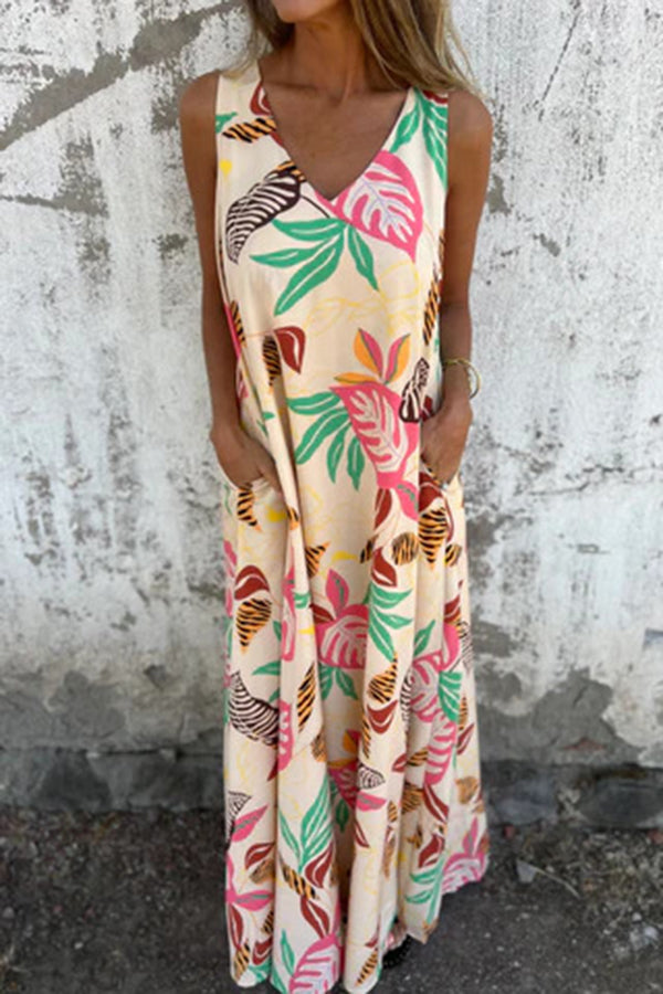CD | Botanical Print V-neck sac vrac casual rochie maxi