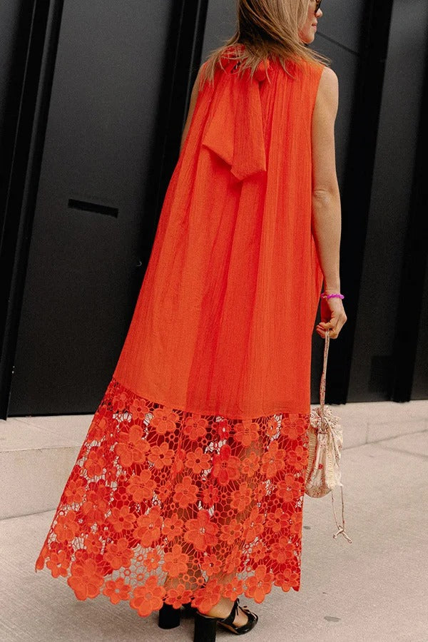CD | Breezy Comfort cravată decolteu rochie maxi fără mâneci cu tiv dantelă florale