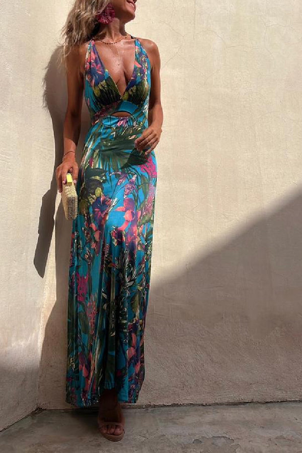 CD | RAINFOREST PARADISE TROPICAL PRINT DECOLTEU SPATE CROSSOVER STRETCH ROCHIE MAXI