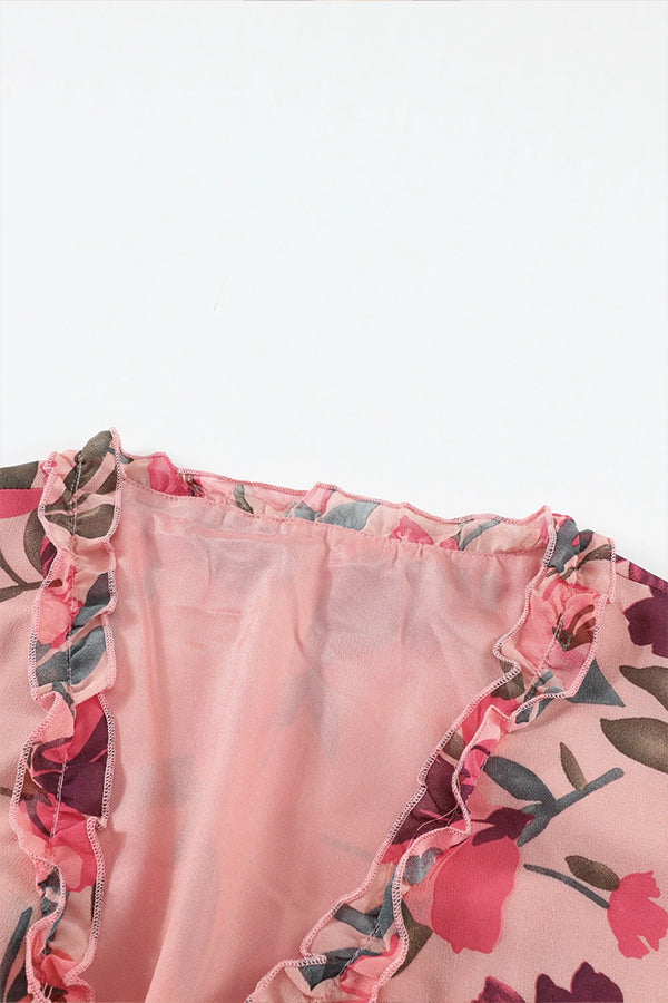 CD | Rochie maxi decoltată cu volane și imprimeu floral roșu pastel