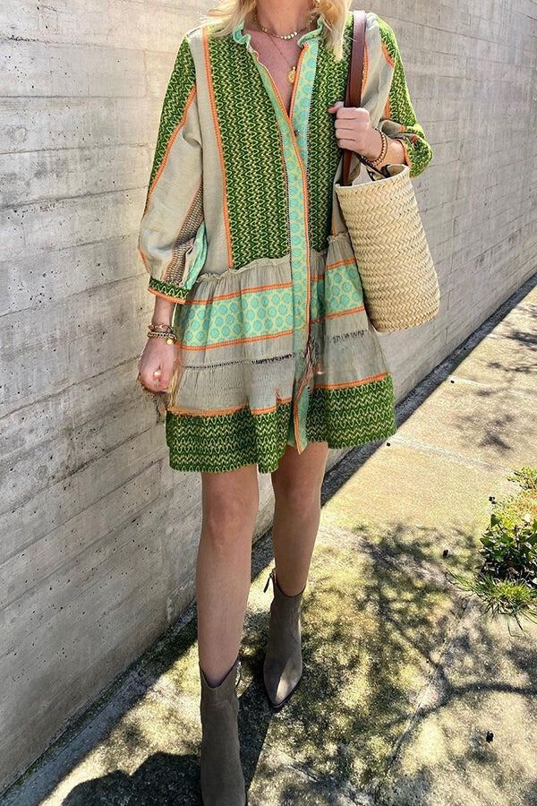CD | Stil de vacanță etnic imprimare buton vrac Mini rochie