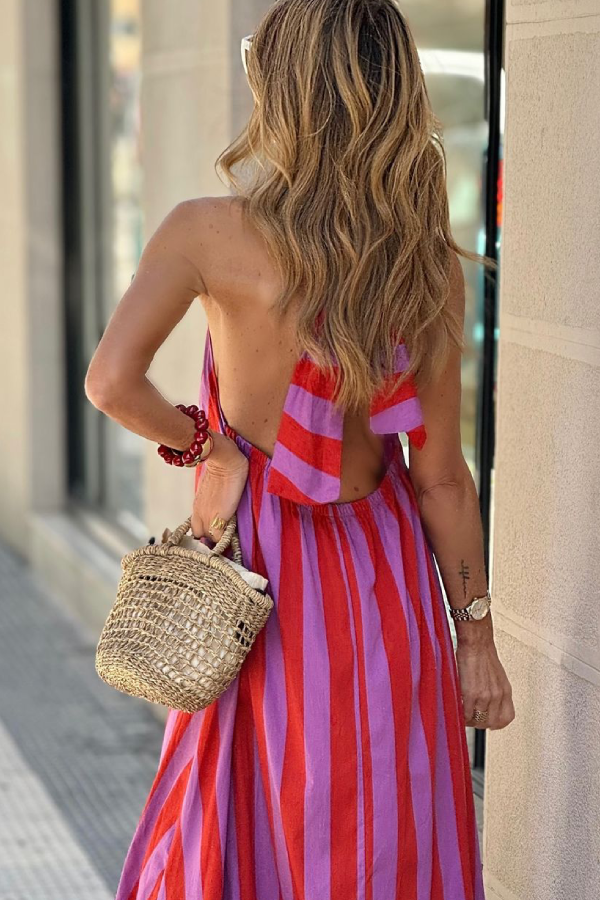 CD | Casual Red Striped vrac Backless rochie lungă