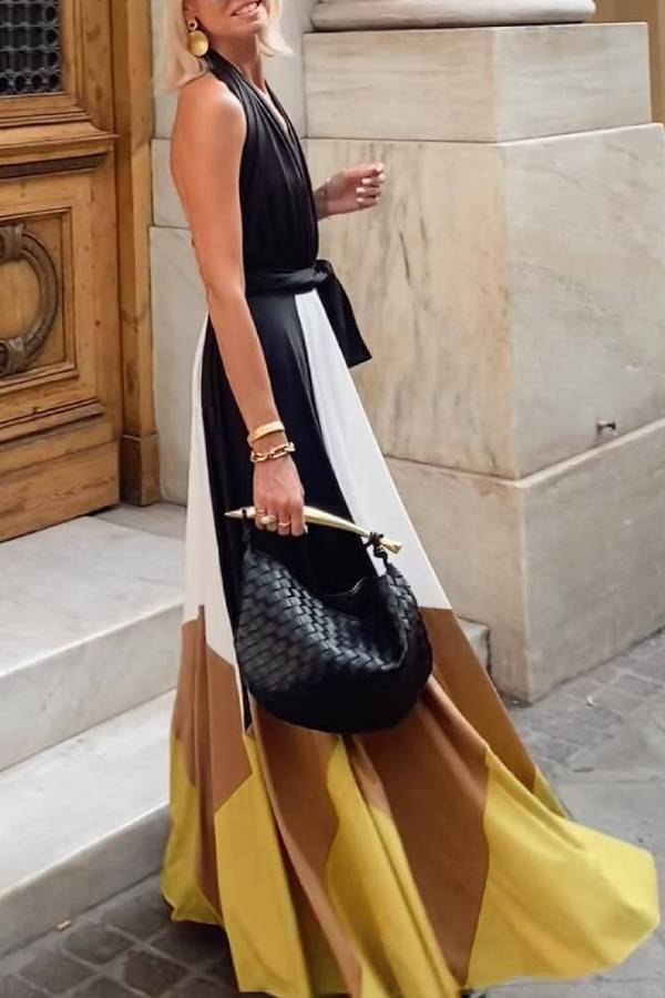 CD | Colorblock Lace-up Backless Sexy rochie lungă Swing