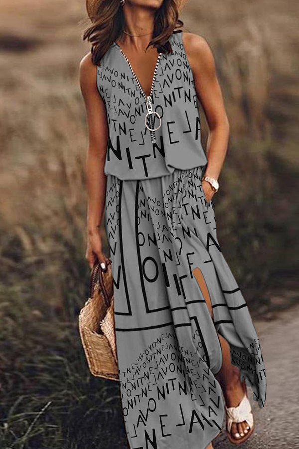 CD | Fără mâneci rochie lungă casual femei talie fermoar scrisoare rochie