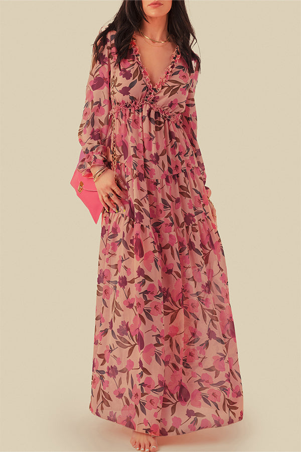 CD | Rochie maxi decoltată cu volane și imprimeu floral roșu pastel