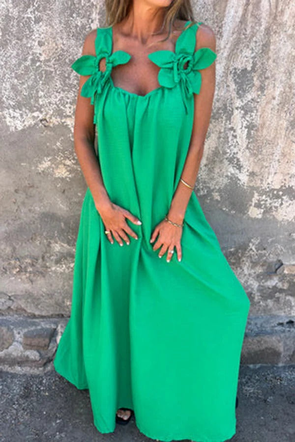 CD | Rochie Maxi solidă cu ornamente florale, fără mâneci, lejeră