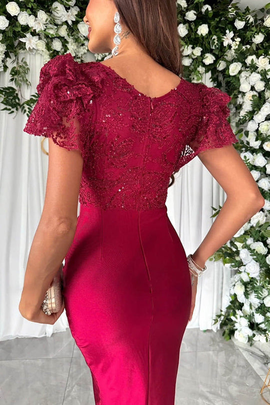 CD | Dreamy lux dantelă și satin patchwork mâneci volane rochie midi volane
