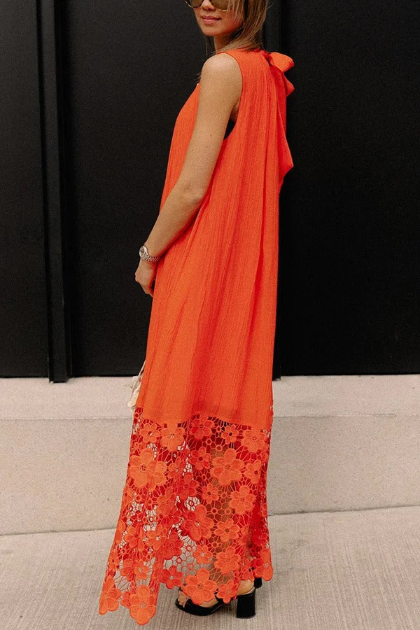 CD | Breezy Comfort cravată decolteu rochie maxi fără mâneci cu tiv dantelă florale