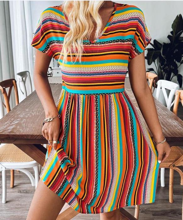 CD | Rochie mini boho cu dungi elegante și fluide