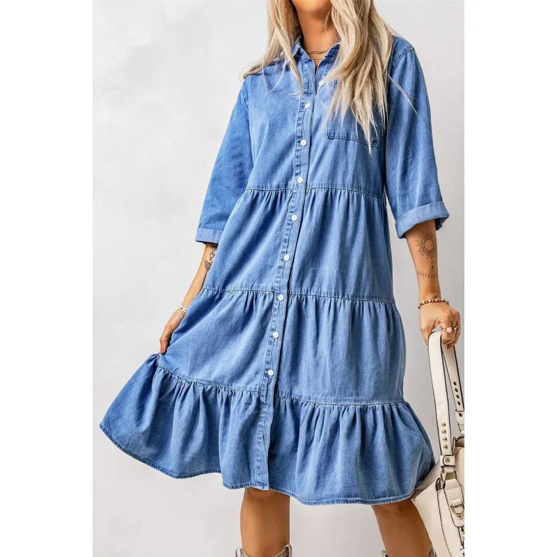 CD | Rochie mini chambray cu volane și croială cu nasturi din denim