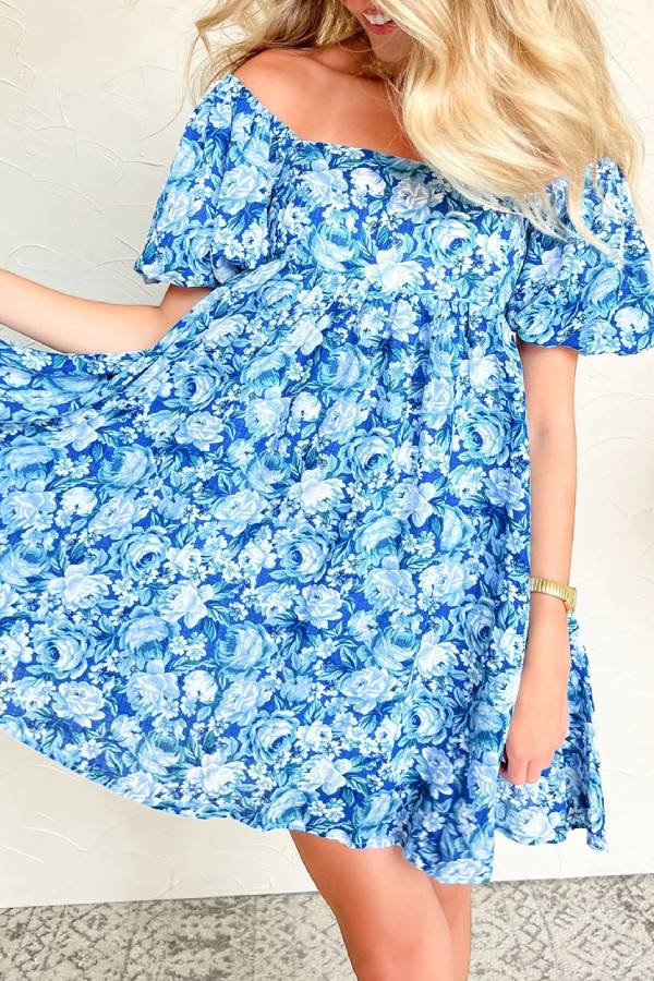 CD | Rochie mini babydoll albastră cu mâneci bufante