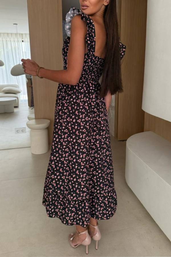 CD | Imprimeu floral Decolteu pătrat Rochie midi plisată pe spate