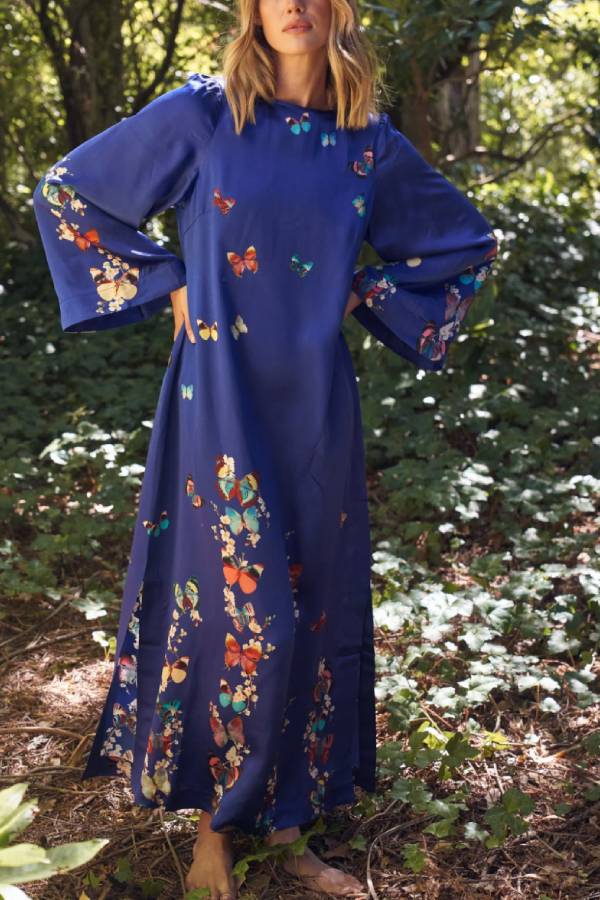 CD | Butterfly Print Navy Blue Rochie lungă cu mânecă lungă