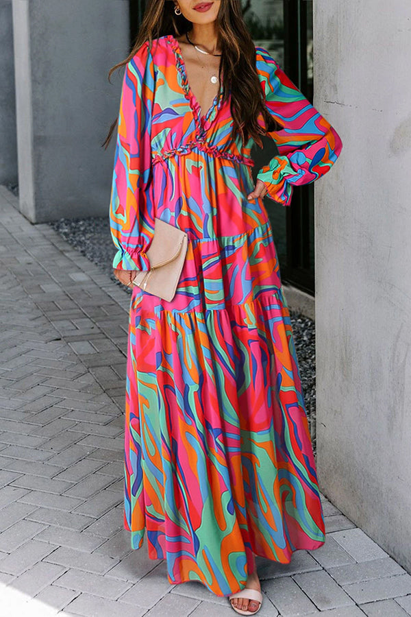 CD | Rochie maxi cu decolteu, cu volane și imprimeu floral multicolor
