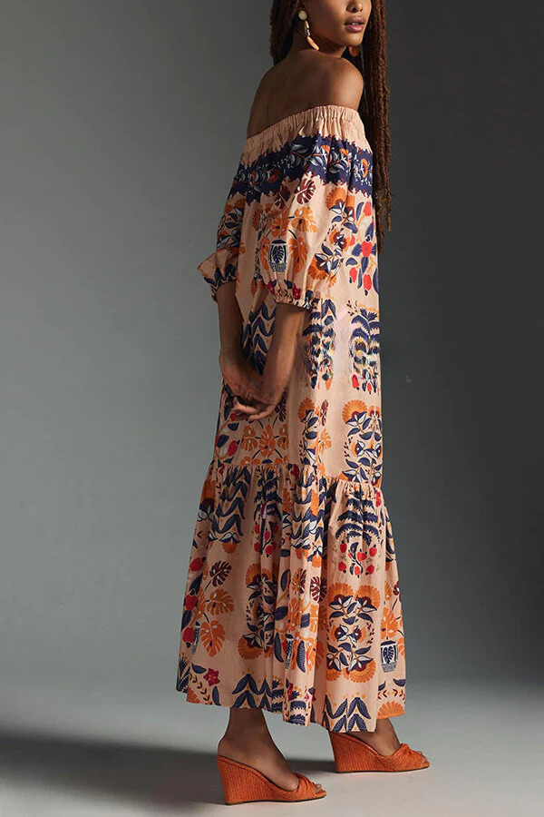 CD | Island Lover Rochie midi imprimată, fluidă, fără umeri