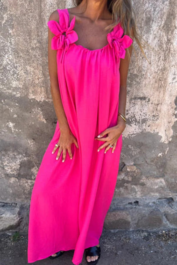 CD | Rochie Maxi solidă cu ornamente florale, fără mâneci, lejeră