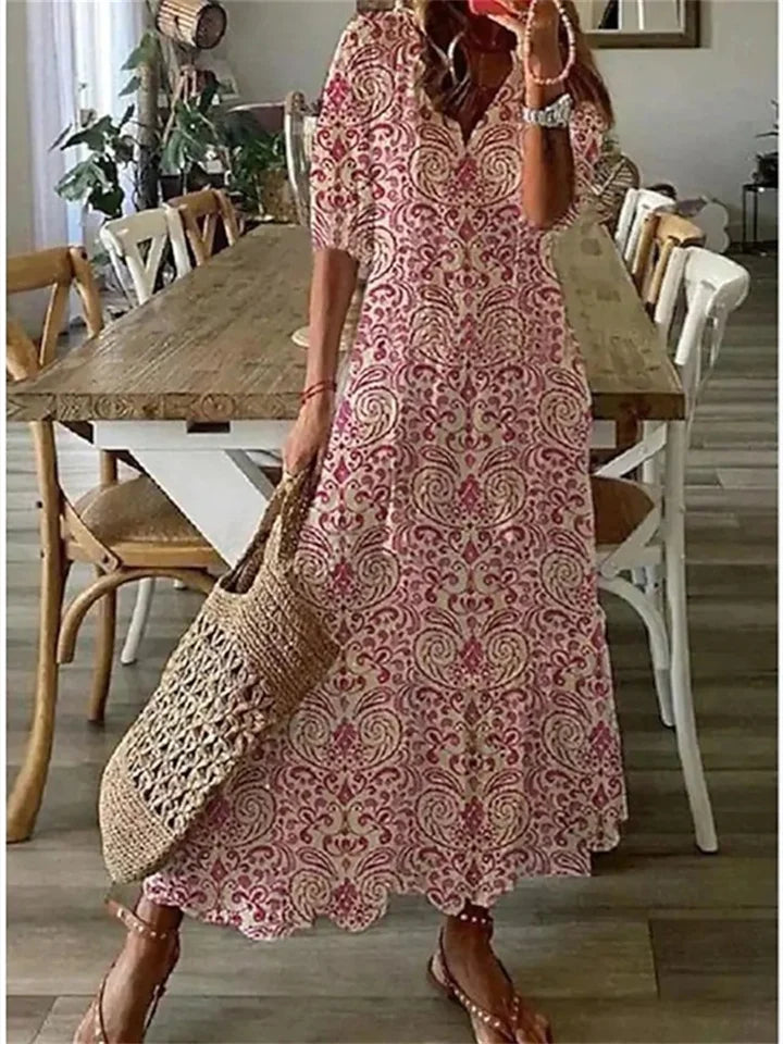 CD | Rochie maxi pentru femei - imprimeu floral - material ușor - decolteu în V - mâneci 3/4 - croială casual