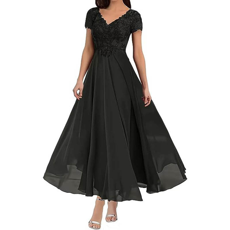 CD | Rochie maxi pentru femei - corset din dantelă - decolteu în V - mâneci scurte - fustă fluidă - ținută formală