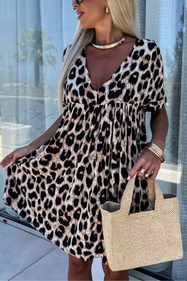 CD | Rochie mini cu decolteu în V, fără spate, cu imprimeu leopard kaki, cu croială largă