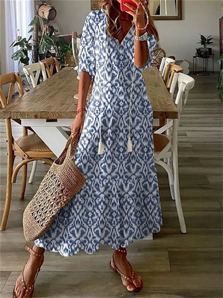 CD | Rochie maxi pentru femei - imprimeu floral - material ușor - decolteu în V - mâneci 3/4 - croială casual