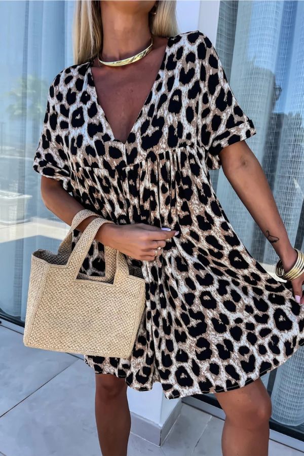 CD | Rochie mini cu decolteu în V, fără spate, cu imprimeu leopard kaki, cu croială largă