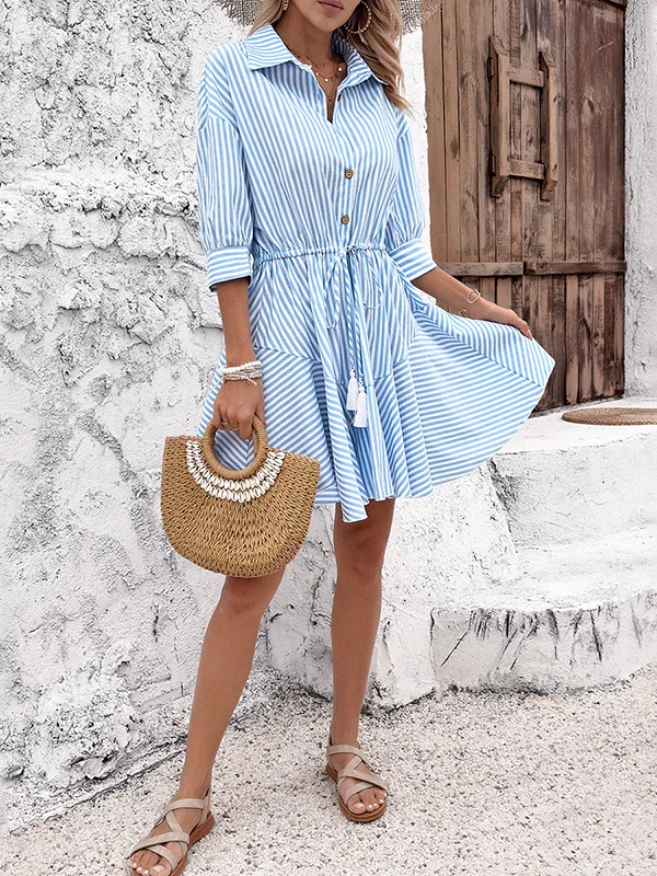 CD | Rochie mini cu jumătate de mânecă, largă, cu nasturi, cu cordon, cu dungi, cu rever cu ciucuri, rochie cămașă