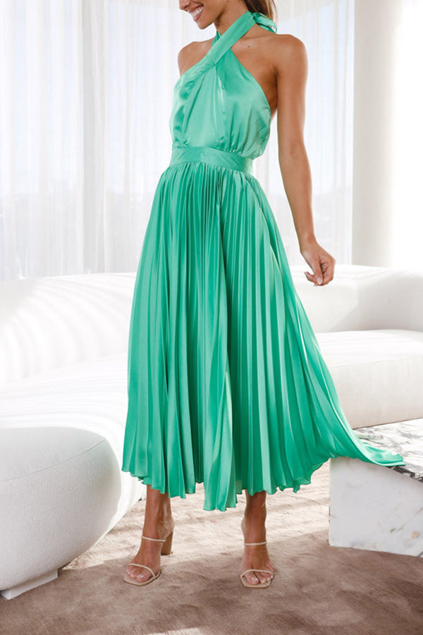 CD | Beaming Smile satin halterneck rochie midi plisată