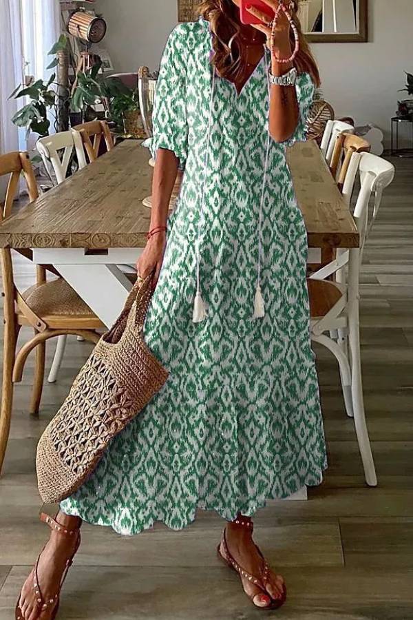CD | Geometric print Casual V-neck rochie maxi