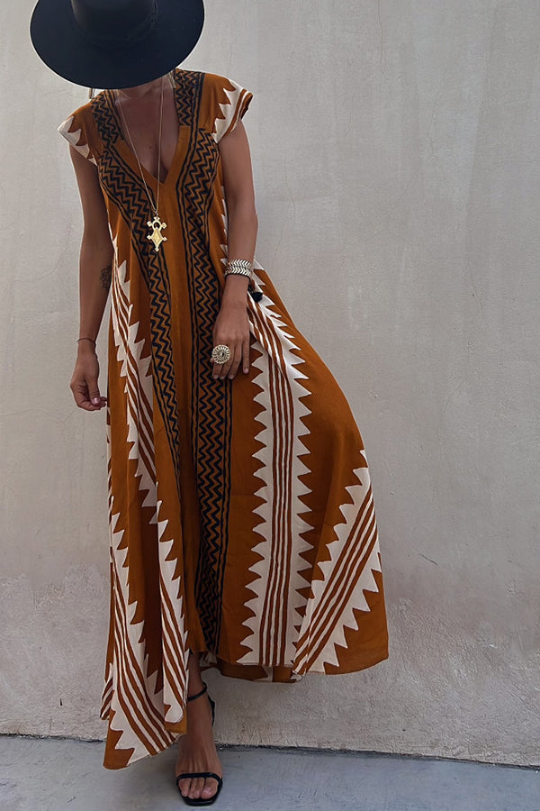 CD | Beach date Ethno print rochie maxi în A-line