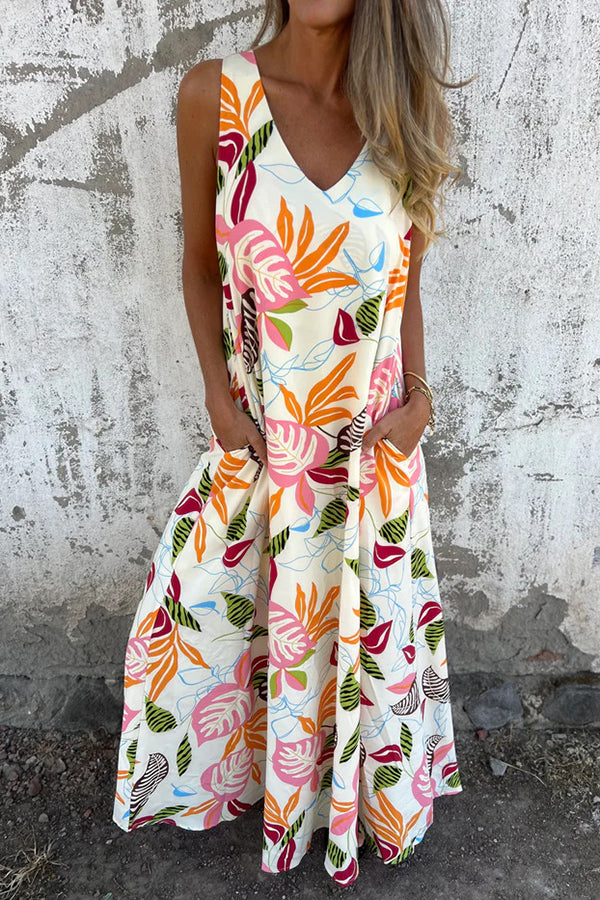 CD | Botanical Print V-neck sac vrac casual rochie maxi