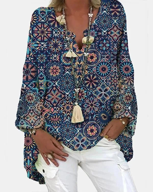 CD Geometric imprimate cu mânecă lungă v-neck bluză casual pentru femei
