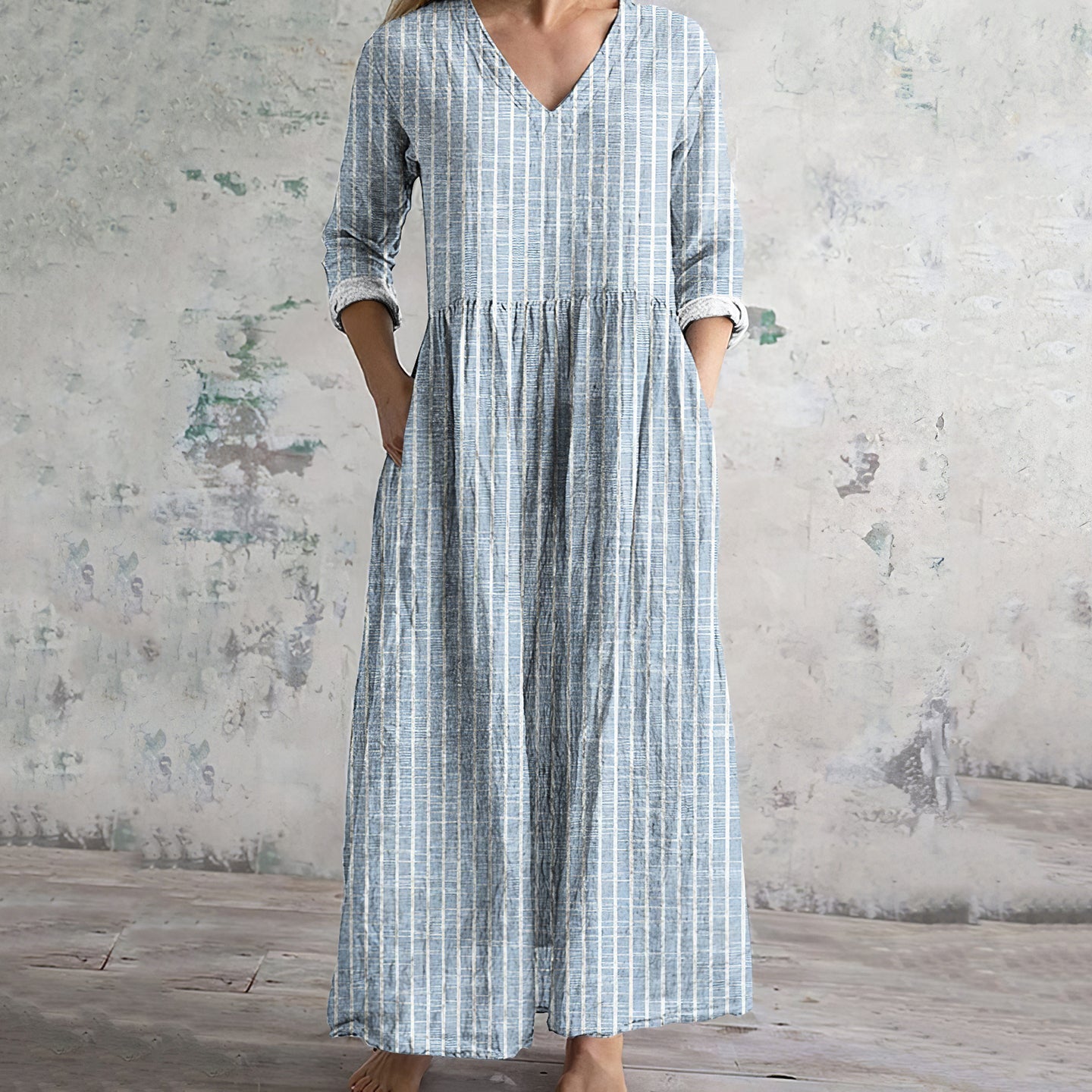 CD | Rochie maxi pentru femei - Fibre naturale - Ținută relaxată - Decolteu în V - Mâneci lungi - Cu dungi