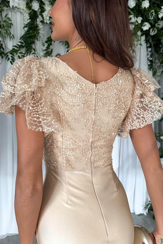 CD | Dreamy lux dantelă și satin patchwork mâneci volane rochie midi volane