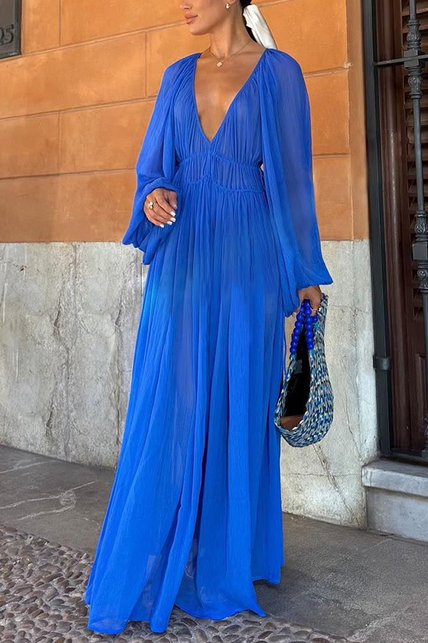 CD | Rochie maxi cu talie încrețită din șifon cu pietre prețioase albastre