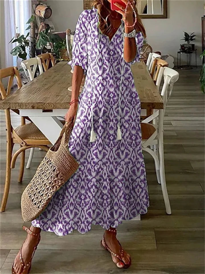 CD | Rochie maxi pentru femei - imprimeu floral - material ușor - decolteu în V - mâneci 3/4 - croială casual