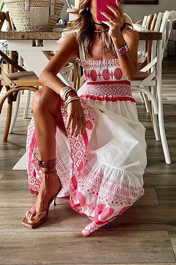 CD | Malibu Villa Rochie maxi imprimată etnic cu umeri smocked