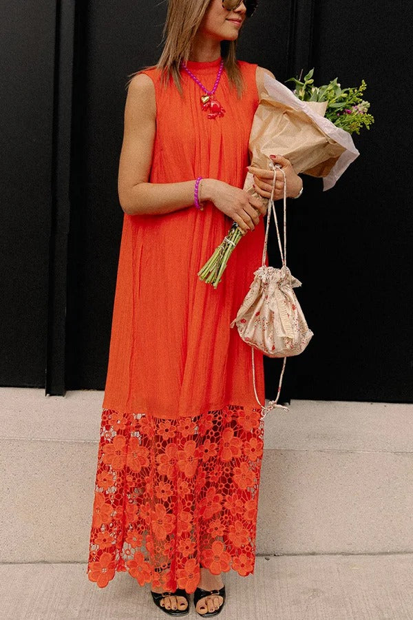 CD | Breezy Comfort cravată decolteu rochie maxi fără mâneci cu tiv dantelă florale
