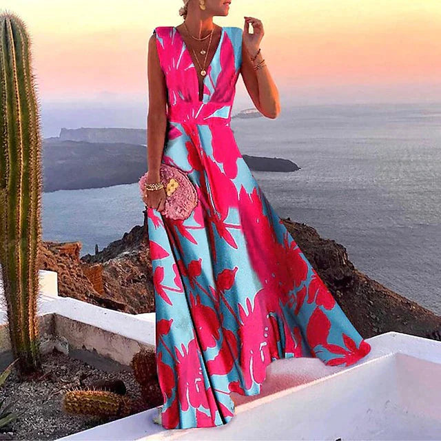 CD | Rochie maxi pentru femei - Croială fluidă - Fără mâneci - Decolteu adânc în V - Imprimeu floral îndrăzneț - Amestec respirabil