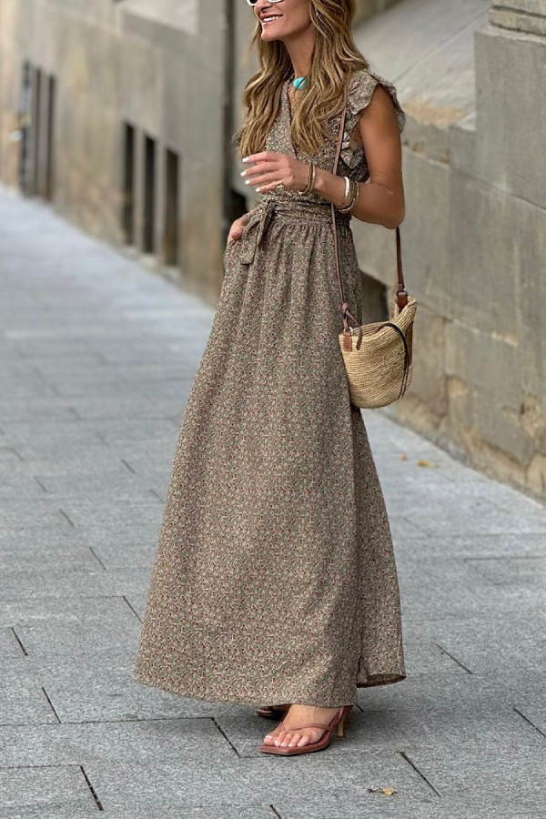 CD | V-neck Gathered cu mânecă scurtă talie-hugging rochie lungă cu model floral